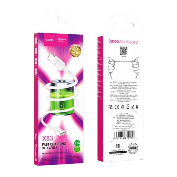 Кабель HOCO X83 USB (m)-Type-C (m) 1.0м 3.0A ПВХ белый (1/33/330)