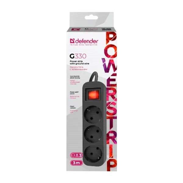 Удлинитель Defender G330 3р.С/З 10A 3.0м с выкл. черный (1/45)