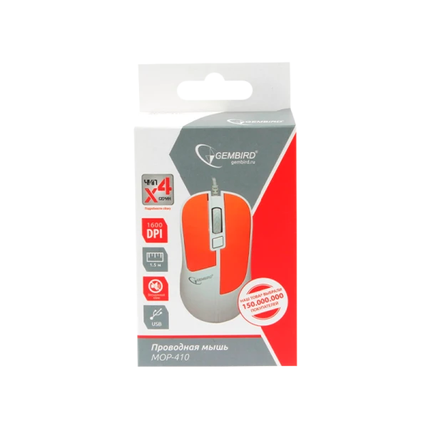 Мышь проводная Gembird MOP-410-O классическая USB белый оранжевый (1/100)