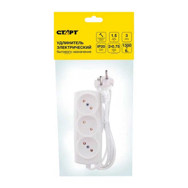Удлинитель Старт 3р.Б/З 6A 1.5м ШВВП 2x0.75мм² белый (1/15)