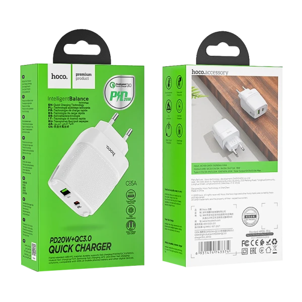 Сетевое З/У HOCO C85A 1USB/Type-C 3.0A 18W QC3.0 белый (1/10/100)
