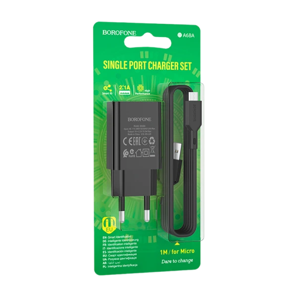 Сетевое З/У Borofone BA68A 1USB microUSB (m) 2.1A черный (1/60/240)