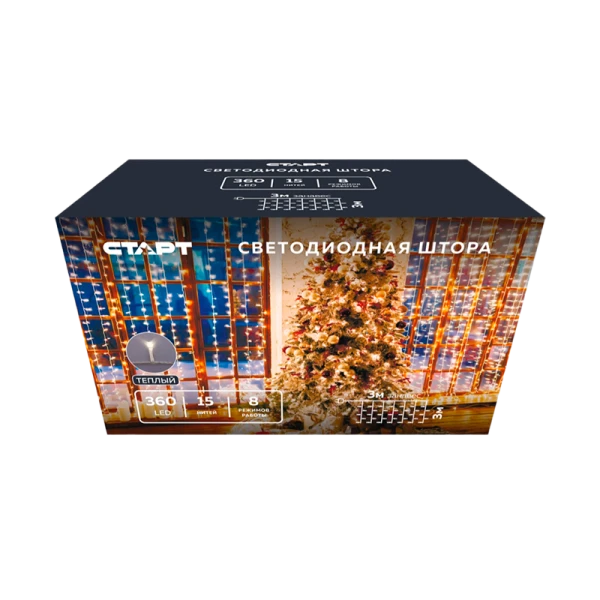 Гирлянда Старт НГ 360LED 3х3м занавес 8 режимов теплый белый (1/10/50)