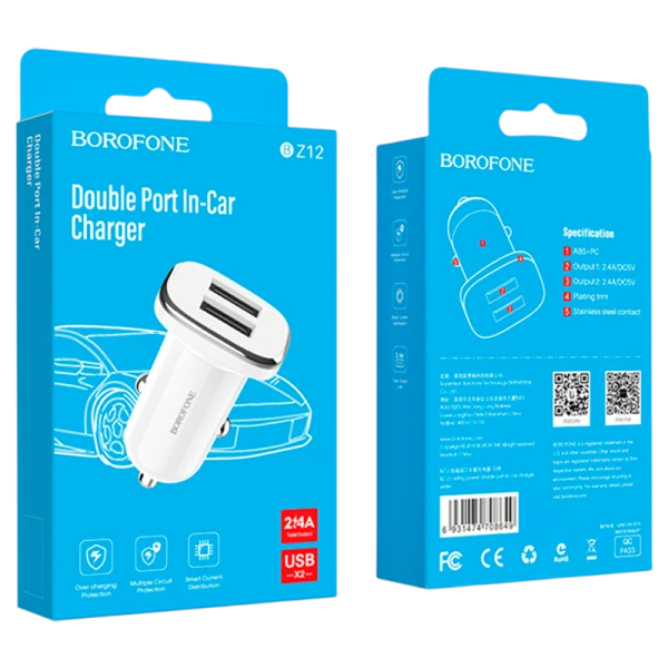 Автомобильное З/У Borofone BZ12 2USB 2.4A белый (1/44/176)