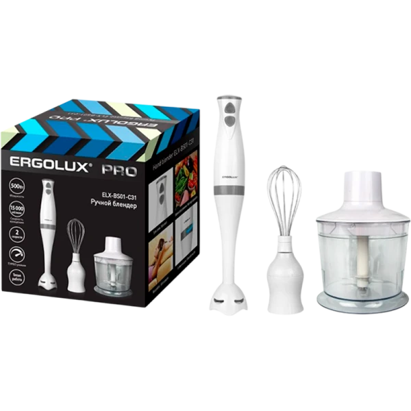 Блендерный набор Ergolux ELX-BS01-C31 500W 2 скорости (блендер, миксер, чоппер) белый (1/8)