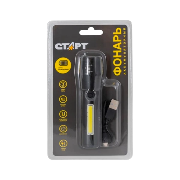 Фонарь светодиодный Старт LHE 517-C1 COB от аккумулятора USB 3 режима черный