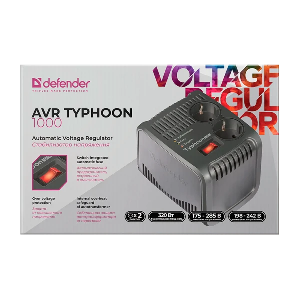Стабилизатор напряжения AVR Typhoon 1000 320 Вт, 2 розетки DEFENDER&nbsp;&nbsp;&nbsp;&nbsp; # 99033 (1/4)