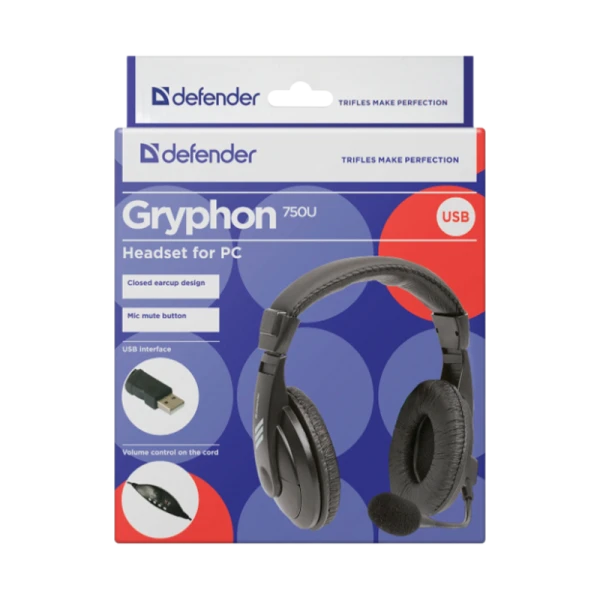 Наушники полноразмерные Defender 750U Gryphon с микр. черный (1/20)