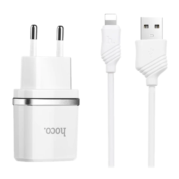 Сетевое З/У HOCO C12 2USB 2.4A с кабелем Lightning белый (1/10/100)