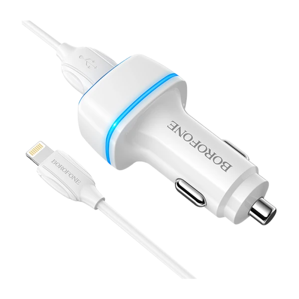 Автомобильное З/У Borofone BZ14 2USB 2.4A с кабелем Lightning белый (1/44/176)