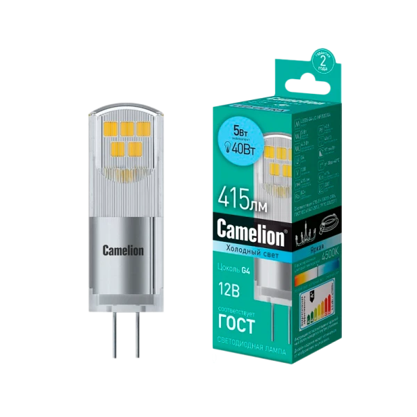 Лампа светодиодная Camelion JC G4 5W 4500К 12V прозрачная (1/5/500)