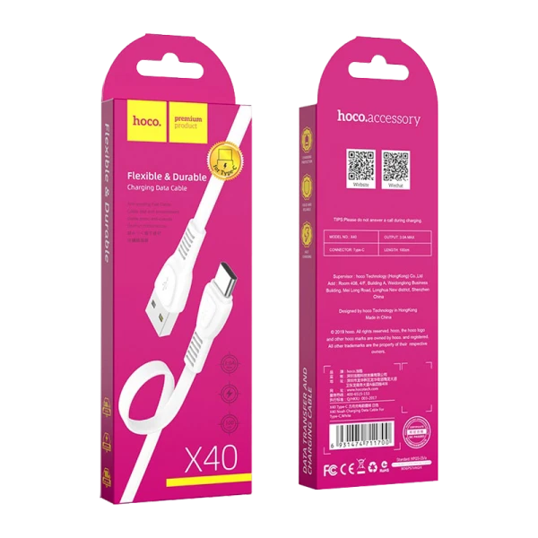 Кабель HOCO X40 USB (m)-Type-C (m) 1.0м 2.4A TPE белый (1/33/330)