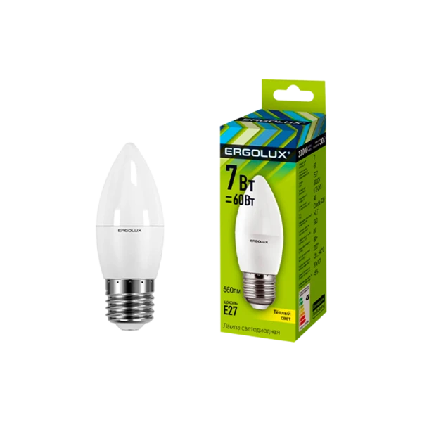 Лампа светодиодная Ergolux C35 E27 7W 3000К 172-265V свеча (1/10/100)
