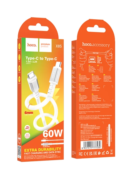 Кабель HOCO X85 Type-C (m)-Type-C (m) 1.0м 60W TPE белый (1/35/350)