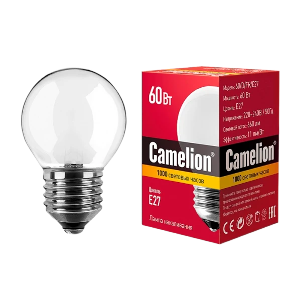 Лампа накаливания Camelion E27 60W 220V шар матовая (1/100)