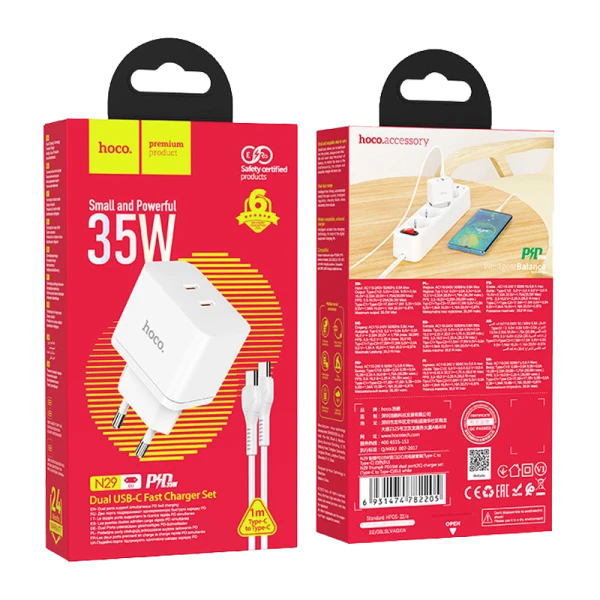 Сетевое З/У HOCO N29 2Type-C 35W с кабелем Type-C-Type-C белый (1/13/130)
