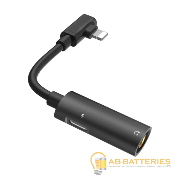 Переходник AUX HOCO LS18 Jack 3.5mm (f)-Lightning (m)/Lightning (f) силикон угловой черный (1/20/160