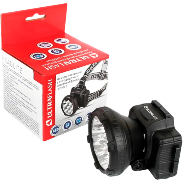 Фонарь налобный Ultraflash LED5363 1.2W 9LED от аккумулятора 2 режима черный (1/5/100)