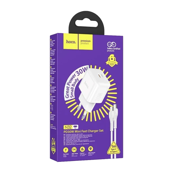 Сетевое З/У HOCO N32 Type-C 30W PD3.0 с кабелем Type-C-Type-C белый (1/13/130)