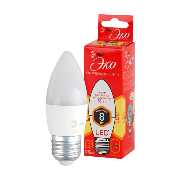 Лампа светодиодная ЭРА B35 E27 8W 2700К 220-240V свеча Eco (1/10/100)