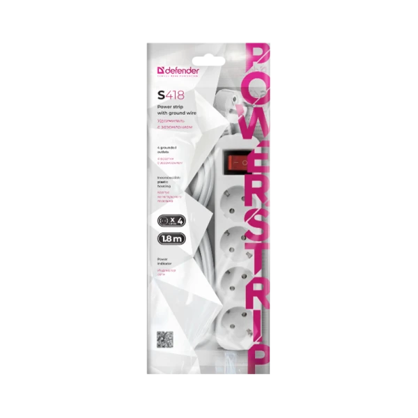 Удлинитель Defender S418 4р.С/З 10A 1.8м с выкл. белый (1/30)