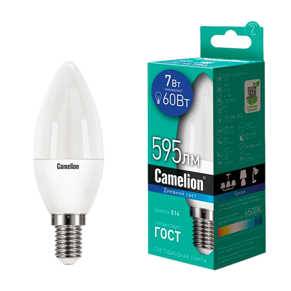 Лампа светодиодная Camelion C35 E14 7W 6500К 170-265V свеча матовая (1/10/100)
