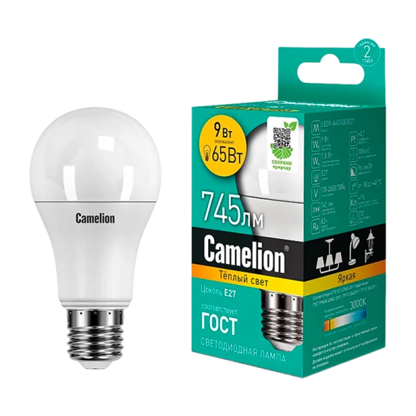 Лампа светодиодная Camelion A60 E27 9W 3000К 170-265V груша матовая (1/10/100)