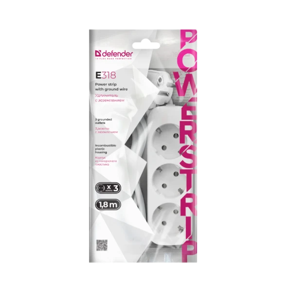 Удлинитель Defender E318 3р.С/З 10A 1.8м ПВС 3x1мм² белый (1/30)
