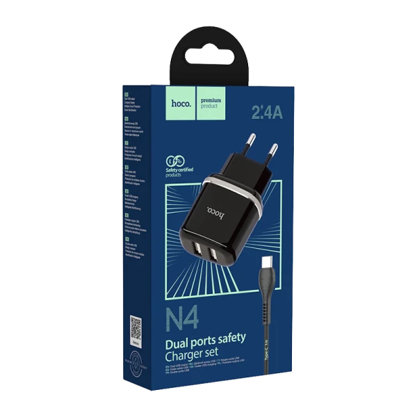 Сетевое З/У HOCO N4 2USB 2.4A с кабелем Type-C черный (1/12/120)