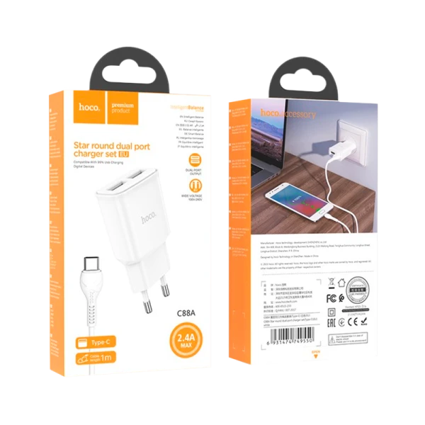Сетевое З/У HOCO C88A 2USB 2.4A с кабелем Type-C белый (1/12/120)