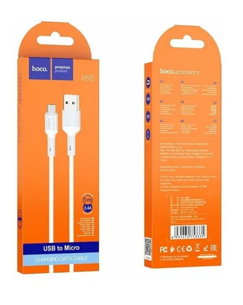 Кабель HOCO X65 USB (m)-microUSB (m) 1.0м 2.4A TPE белый (1/31/310)