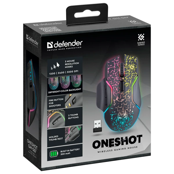 Беспроводная игровая мышь Oneshot GM-067 черный,LED,7D,300 мАч, 3200dpi DEFENDER