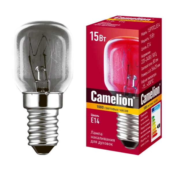 Лампа накаливания Camelion E14 15W 220-240V цилиндр 300°C для духовок прозрачная (1/50/500)