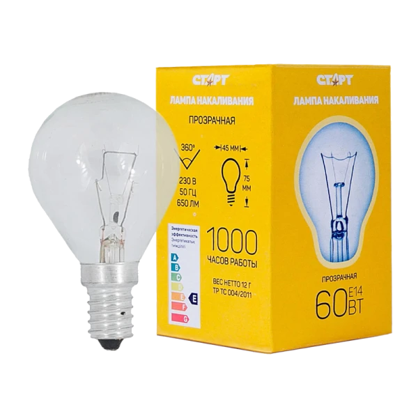 Лампа накаливания Старт E14 60W 230V шар ДШ прозрачная (1/10/100)