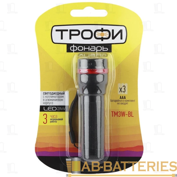 Фонарь универсальный Трофи TM3W 3W 1LED от батареек черный в блистере (1/24/144)