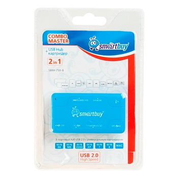Картридер Smartbuy 750 USB2.0 SD/microSD/MS/M2 Combo с USB хабами голубой