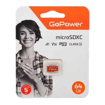 Карта памяти microSD GoPower 64GB Class10 65 МБ/сек V30 без адаптера