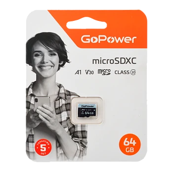 Карта памяти microSD GoPower 64GB Class10 70 МБ/сек V30 без адаптера