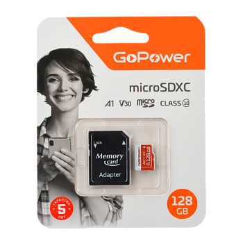 Карта памяти microSD GoPower 128GB Class10 UHS-I (U3) 100 МБ/сек V30 с адаптером