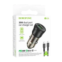 Автомобильное З/У Borofone BZ25 1USB+1Type-C 38W PD,QC с кабелем Type-C/Type-C черный (1/98/392)
