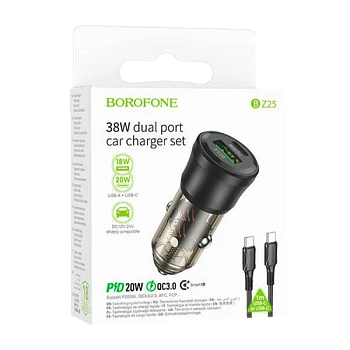 Автомобильное З/У Borofone BZ25 1USB+1Type-C 38W PD,QC с кабелем Type-C/Type-C черный (1/98/392)