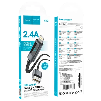 Кабель HOCO X112 USB (m)-Lightning (m) 1м 2.4A нейлон дисплей черный (1/31/310)