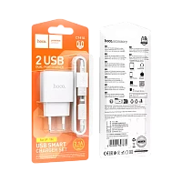 Сетевое З/У HOCO C141A 2USB 2.1A с кабелем Lightning белый (1/28/168)