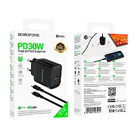 Сетевое З/У Borofone BA84A 1USB/Type-C 30W PD,QC с кабелем Lightning черный (1/40/160)
