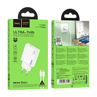 Сетевое З/У HOCO C142A 1USB+1Type-C 20W PD,QC с кабелем Type-C-Lightning белый (1/19/190)