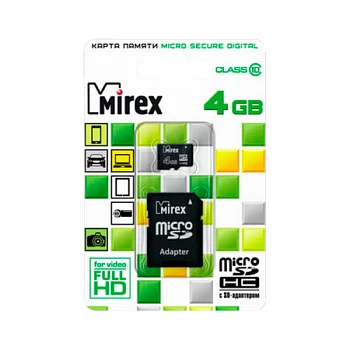 Карта памяти microSD Mirex 4GB Class10 20 МБ/сек с адаптером (1/10)