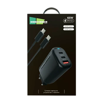 Сетевое З/У MORE CHOICE NC79 1USB/2Type-C 3.0A 65W PD3.0 с кабелем Type-C/Type-C черный (1/20/100)