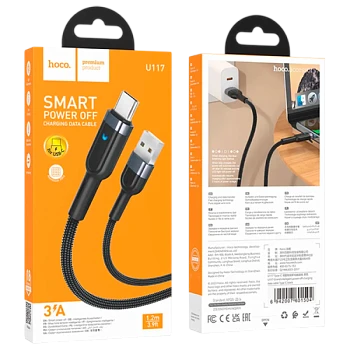 Кабель HOCO U117 USB (m)-Type-C (m) 1.2м 3.0A нейлон с отключением питания черный (1/22/220)