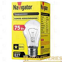 Лампа накаливания Navigator E27 75W 230V груша прозрачная (1/10/100)