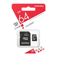 Карта памяти microSD Smartbuy 64GB Class10 20 МБ/сек с адаптером